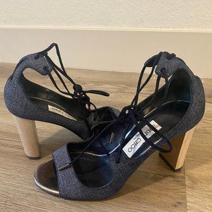 Jimmy Choo Vernie Denim Lace Up Sandal Indigo Wood Block Heel Size US 7.5/IT37.5